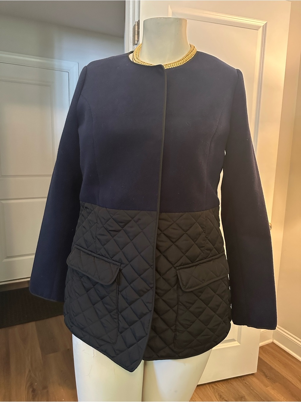 crown & ivy Navy and Black Quilted Utility Jacket with Chain Trim